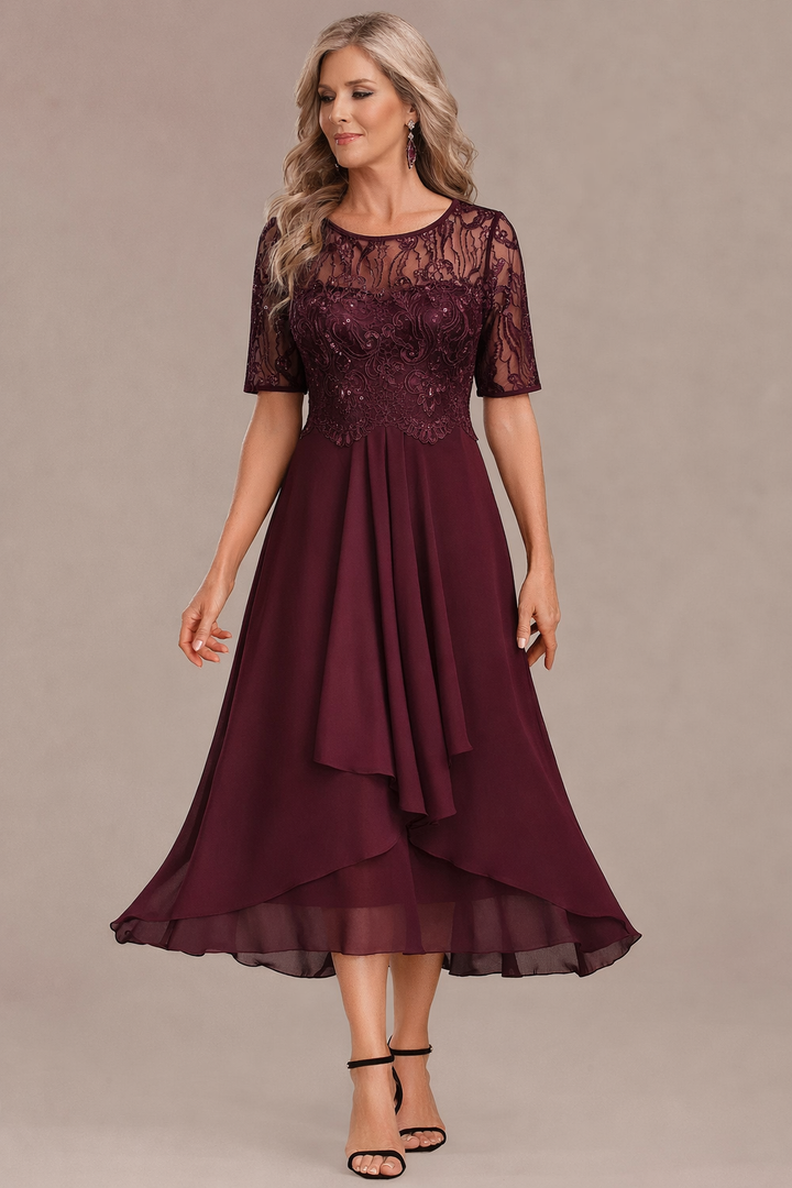 Sophie Elegant Lace Sleeve Round Neck Dress